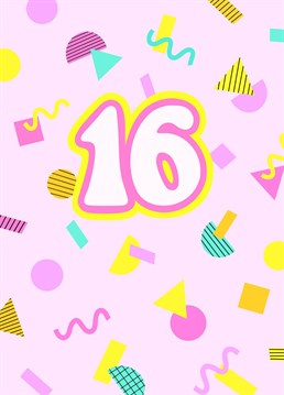 Wish a teen a happy 16th birthday with this bright, fun, 90's retro inspired age 16 birthday card.