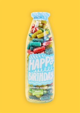 <ul>    <li>A dose of nostalgia with a vegan twist!</li>    <li>Strawberry flavoured, rainbow pencil sweets</li>    <li>380g of fizzy goodness</li>    <li>Great birthday gift for big and little kids</li>    <li>Presented in a classic, reusable milk bottle</li></ul><p>Say 'Happy Birthday' to someone special with these rainbow coloured, strawberry pencil sweets that are bound to put a smile on their face! Slight upgrade on a card, wouldn't you say? Delicately sprinkled with sugar to add that signature fizz, vegan gummy sweets just got a whole lot more fun. They&rsquo;ll be just as tasty as you remember from your childhood but this time with a scrumptious vegan twist!</p><p>These stylish, novelty bottles make a unique birthday gift for all ages and the perfect solution to throwing away packaging. With less than 1% packaging waste, feel smug that you're treating yourself to something delicious whilst helping the environment!&nbsp;</p><p><strong>Please be aware this product is packed in a facility that also handles cereals containing gluten, milk, mustard, celery, nuts, peanuts, soya, sesame and sulphites. Suitable for vegans.</strong></p>