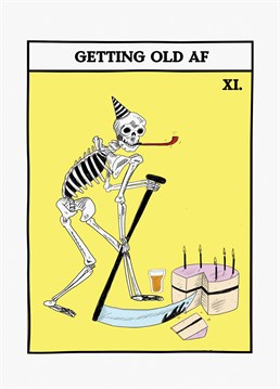 Who knew that scythes come in real handy for cutting birthday cake, and also double as a walking stick! The Grim Reaper that's who. Designed by Jolly Awesome.