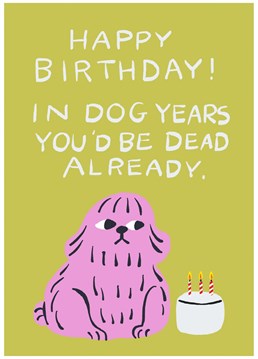 Tell someone how ancient they are in dog years with this Happy Birthday design from Jolly Awesome.