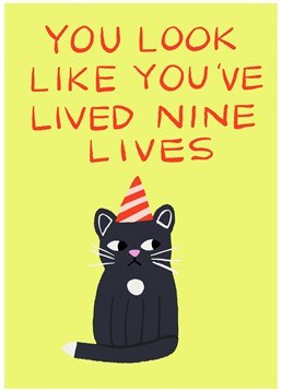 Tell them they look old with this funny nine lives birthday cat design by Jolly Awesome.