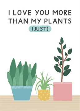 This card is perfect for houseplant enthusiasts and their partners. Card reads "I love you more than my plants. JUST." Ideal for Valentine's day and anniversaries. Designed by Jeff and the Squirrel.