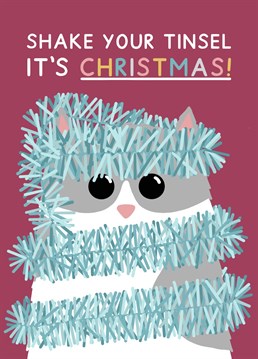 Shake your tinsel it's Christmas! Featuring a Christmas cat wrapped in blue tinsel. Designed by Jeff and the Squirrel
