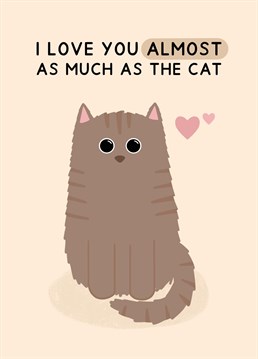 For when you love your partner very much, but the cat will always come first! Card reads "I love you almost as much as the cat". Ideal for Valentine's day or anniversaries. Designed by Jeff and the Squirrel