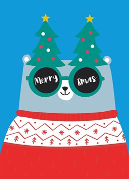 A cute illustration of a bear wearing a festive jumper and sunglasses. A quirky illustration to send to your friends and family this Christmas!