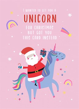 Promised someone a unicorn for Christmas? Send them the next best thing, this quirky card! Make someone smile with this lighthearted unicorn Christmas card!