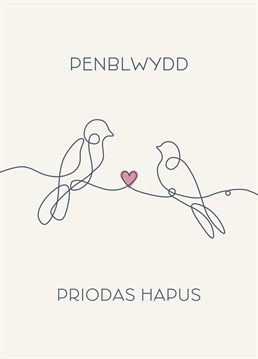 Welsh anniversary card featuring two lovebirds as a beautiful continuous line drawing. Mid Mod Cards by Jennifer Finnigan Design.