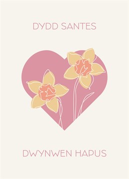 St Dwynwen's Day card featuring Welsh daffodils on a heart background. Perfect for your loved one or cariad. Mid Mod Cards by Jennifer Finnigan Design.