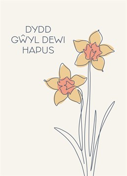 Welsh language St David's Day card featuring the national flower of Wales. Mid Mod Cards by Jennifer Finnigan Design.