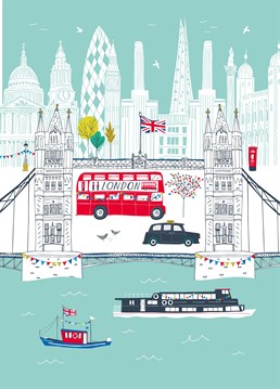 London calling? Send this iconic skyline design featuring Tower Bridge to remind a native Londoner of their home. Designed by Jessica Hogarth.