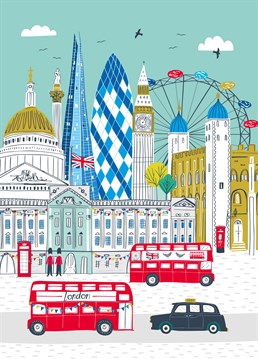 From London with love. Send a royal wave via Buckingham palace with this Jessica Hogarth design featuring London's most famous landmarks.
