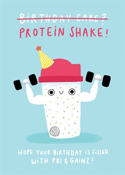 Send your fitness loving friend this gym themed Birthday card! Let them know it's ok to have a day off from working out and swapping their protein shakes for birthday cake!  Designed by Jess Moorhouse