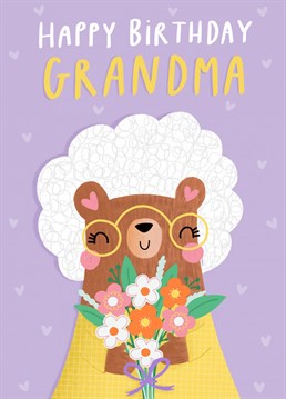 Show your Grandma some love on her birthday by sending her this cute card featuring a grey haired bear holding a beautiful bouquet of flowers.      Designed by Jess Moorhouse