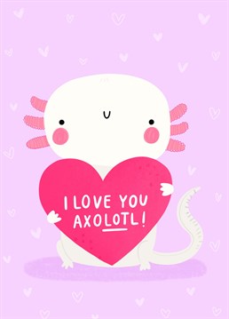 Show someone how much you love them by sending them this quirky, cute and a little bit weird Anniversary card featuring a little Axolotl holding a heart!     Designed by Jess Moorhouse