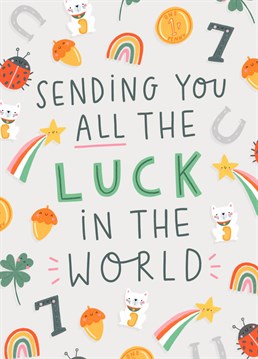 Send a friend or family member a little extra bit of luck with this cute lucky charms Bon Voyage card. the Bon Voyage card features good luck charms from all over the world including clovers, cats, acorns and shooting stars.    Designed by Jess Moorhouse