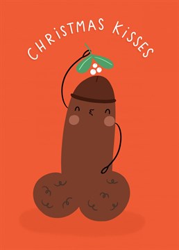 Send a friend or a partner this hilarious willy card to celebrate Christmas!   Featuring a funny phallic friend holding mistletoe    Designed by Jess Moorhouse