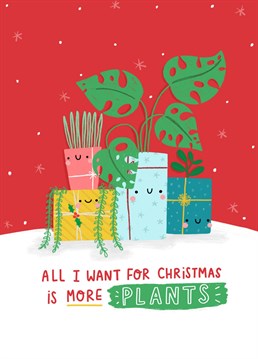 Want to send a plant obsessed friend a Christmas card? Well this is the perfect one for them! This card features lots of different house plants potted in Christmas presents! Designed by Jess Moorhouse