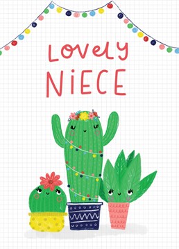 Celebrate your lovely Nieces birthday wit this cute festive themed card featuring three succulents.    Designed by Jess Moorhouse