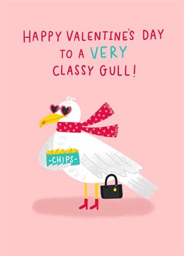 Send your favourite girl this super cute and funny valentine's day card to show them how much they mean to you. It features a seagull ft. fancy handbag and a box of chips. What could be a classier combo! Designed by Jess Moorhouse