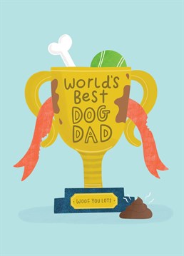 Send your doggy daddy this paw some Father's Day card to show him how much you wuff him!   Featuring a trophy filled with bones and tennis balls, Not forgetting the steaming poo sat in-front!   Designed by Jess Moorhouse