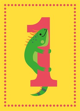 This cute iguana is here to wish both boys and girls a Happy 1st Birthday! This bright and colourful card is age 1 in a range of kids age cards designed by Jessiemaeve Studio.