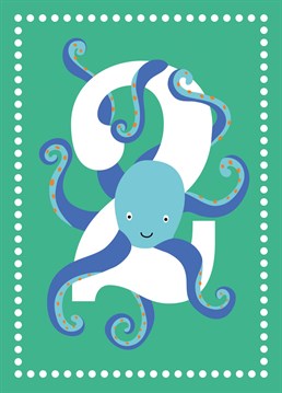 This cute octopus is here to wish both boys and girls a Happy 2nd Birthday! This bright and colourful card is age 2 in a range of kids age cards designed by Jessiemaeve Studio.