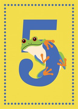 This cute treefrog is here to wish both boys and girls a Happy 5th Birthday! This bright and colourful card is age 5 in a range of kids age cards designed by Jessiemaeve Studio.