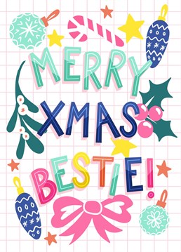 Send your bestie this bright contemporary card to wish them a very Merry Christmas! This colourful illustration is by Jessiemaeve Studio.