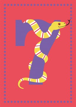 This super snake is here to wish both boys and girls a Happy 7th Birthday! This bright and colourful card is age 7 in a range of kids age cards designed by Jessiemaeve Studio.