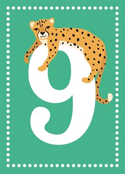 This cute cheetah is here to wish both boys and girls a Happy 9th Birthday! This bright and colourful card is age 9 in a range of kids age cards designed by Jessiemaeve Studio.