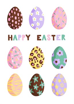Send your loved one Easter greetings with this cool eggs card. This on trend illustration by Jessiemaeve Studio features animal print eggs in a Spring colour palette.