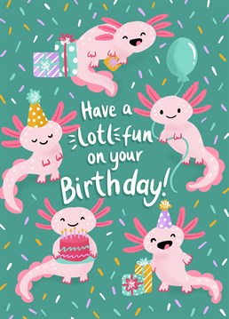 Send these cute axolotl's to wish them a lot of love on their birthday! This weird and wonderful card is by Jessiemaeve Studio.