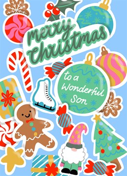 Send your wonderful son this fun and colourful Christmas stickers card to wish him a very Merry Christmas! This cute illustration is by Jessiemaeve Studio.