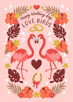 Send the fun loving couple this pretty tropical wedding card featuring flamingos! This love birds and tropical floral illustration by Jessie Maeve Studio is truly unique.