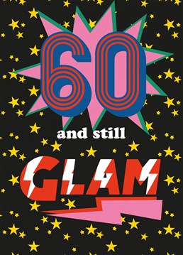 For the 60 year old who remembers glam rock, Bowie, disco and glittery platform shoes! This fun retro Birthday card was designed by Jessiemaeve Studio.