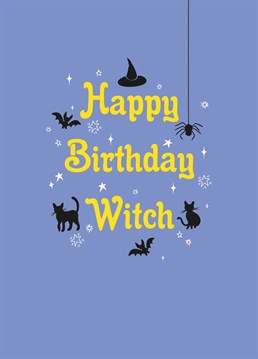 Send this cool birthday card to your October born bestie. This Halloween illustration in trendy lilac with a sassy slogan is by Jessiemaeve Studio.