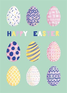 Send your loved one Easter greetings with this pretty eggs card. This on trend illustration by Jessiemaeve Studio features beautifully patterned eggs in a Spring colour palette.