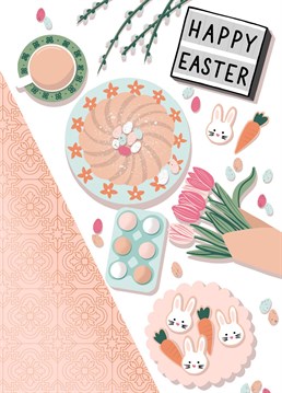 This beautifully illustrated Easter table features spring flowers, rabbit shaped biscuits, Easter eggs and cake. Send something different this Easter with this pretty card by Jessiemaeve Studio.