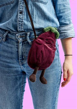 Podgy, purple and pretty much perfect, please welcome the Amuseable Aubergine Bag! With a leafy green hat, cocoa cord boots and a mocha webbing cross-body strap, this perky zip purse will take eggplant care of your things!