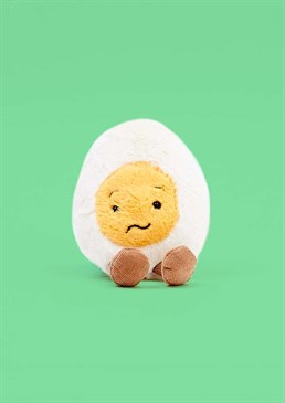 Boiled Egg Confused is feeling pretty scrambled! Squashably soft in white and yolk-yellow, with cordy brown feet and a sweet stitch 'Huh?' expression, this podgy pal is loveably lost. The perfect present for a baffled buddy.