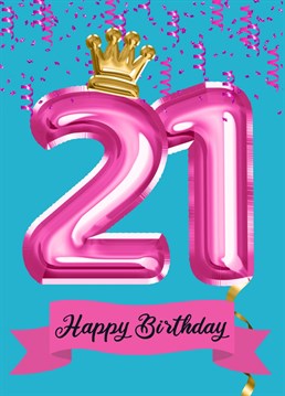 21st Congratulations birthday card for the princess in your life- who loves balloons and confetti and some sparkle and bling? Ideal for daughter, granddaughter, niece, auntie, cousin or friend who loves colour and elegance!