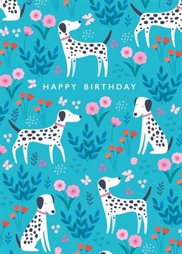 'Happy Birthday' Dalmatian patterned card. Pretty and fun, suitable for any age.