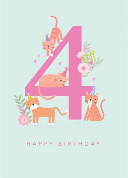 Wish your cheeky little one a happy 4th birthday with this cute cat card.