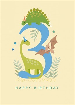 Wish your cheeky little dinosaur a happy 3rd birthday with this cute card.