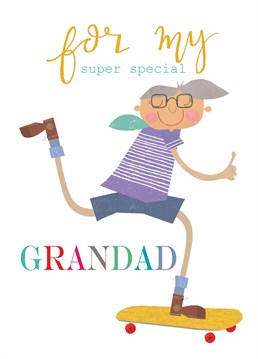 A fab 'For My Super Special Grandad' greetings Birthday card featuring a trendy skating grandad in a stripey lavender t-shirt.