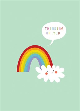 The newest kids on the block... meet our utterly adorable smilies! A friendly rainbow to say a big 'thinking of you' in a cute card. Set on a soft turquoise background. The perfect card to let someone know they're in your thoughts.