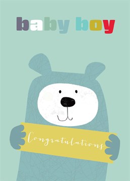 A lovely card to celebrate an exciting new arrival! This card features a sweet and smiley bear against a baby blue background.