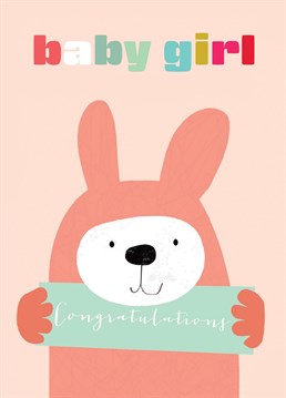 A lovely card to congratulate an exciting new arrival. This card features a sweet and smiley bear and colourful lettering against a baby pink background.