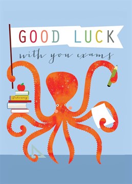 An awesome orange octopus to wish you good luck with your exams! This card features colourful lettering against a cornflower blue background.