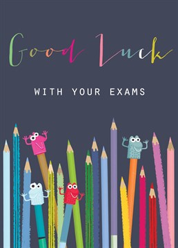 A fab card to wish someone good luck in their exams! This cool card features quirky colourful pencils and lovely lettering against a muted aubergine background.